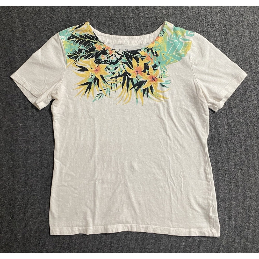 Coral Bay Womans Blouse Top Yellow Graphic Petite Cotton Short Sleeve Size S